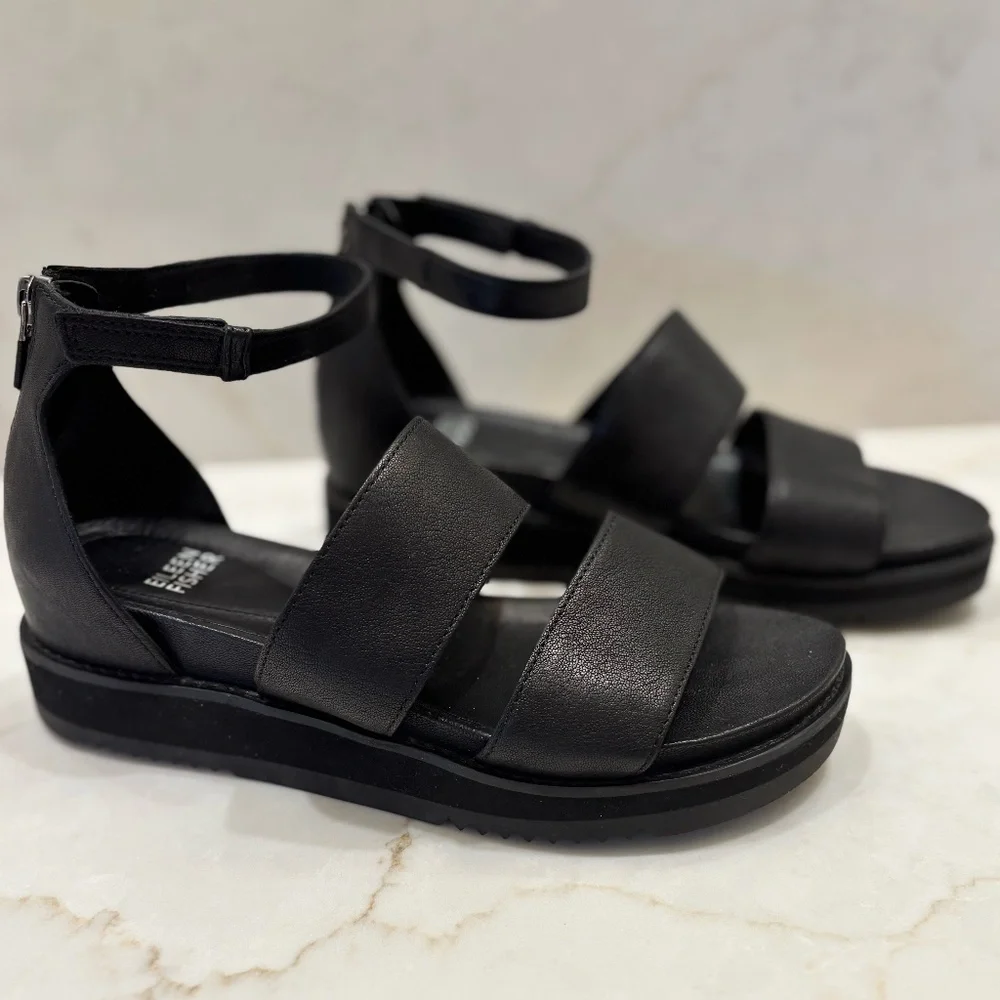 Eileen Fisher Black Leather Keno Sandals - Picture 1 of 5